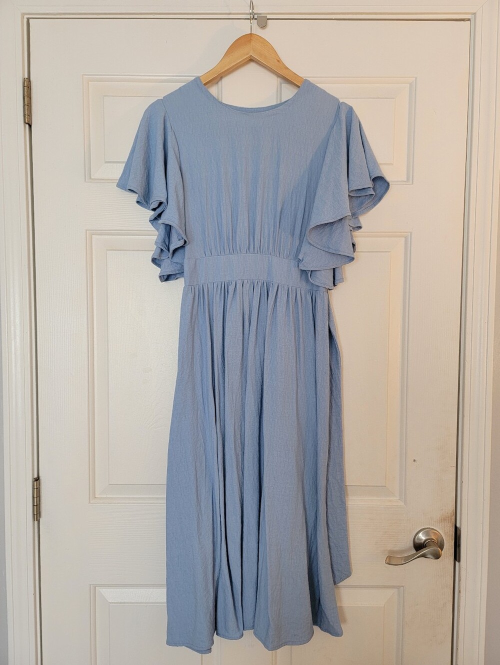 Modest Blue Midi Dress With Butterfly Sleeves And Waist Tie - Picture 4 of 7